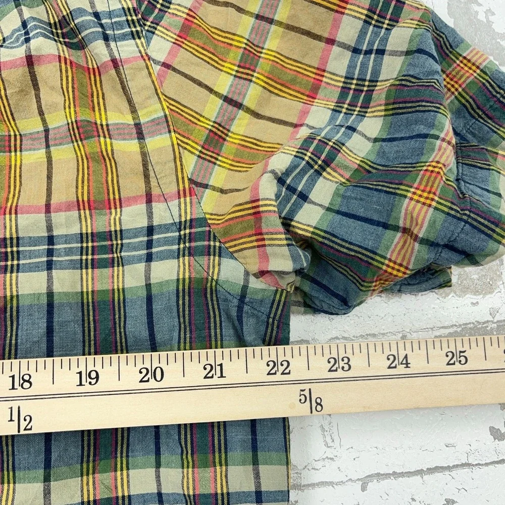 Polo Ralph Lauren‎ Shirt Men Large Green Blue Madras Plaid Button Up Epaulettes